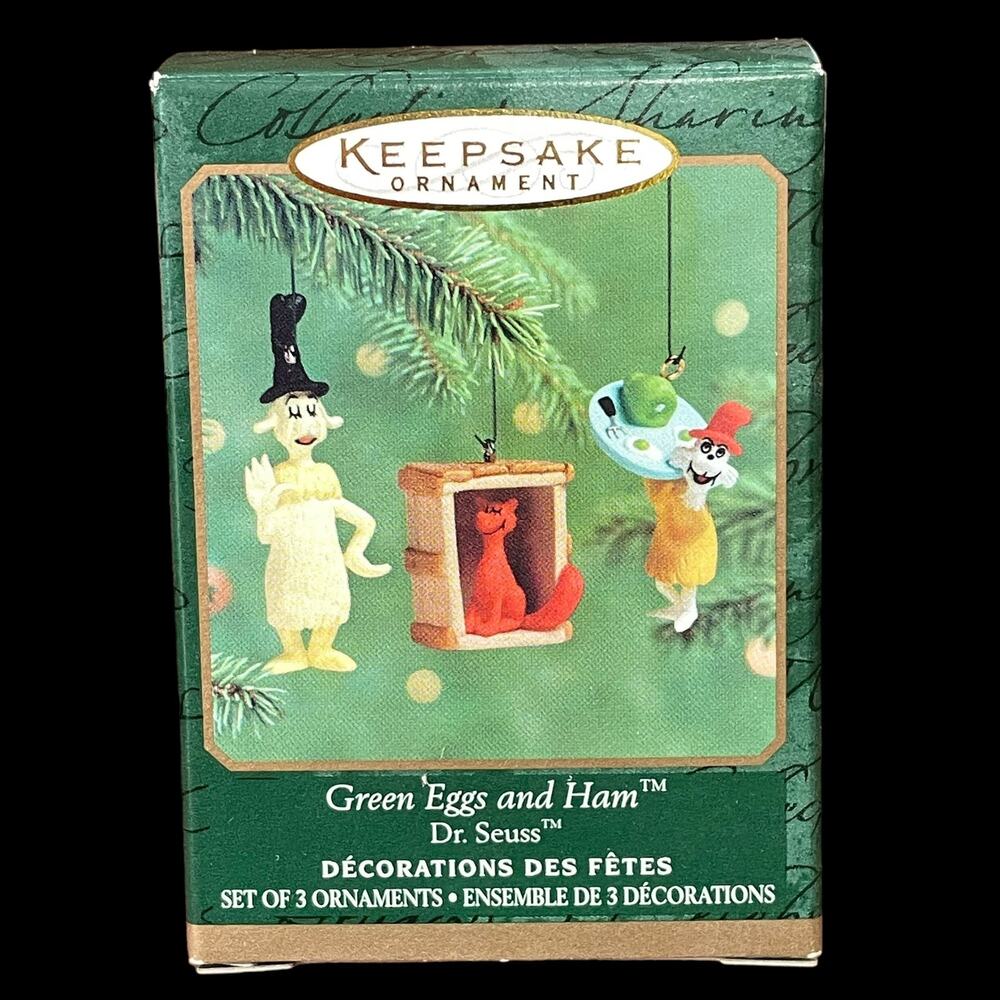 Hallmark Dr Seuss Green Eggs & Ham Ornament Set Vtg 2000 3 Miniatures Christmas